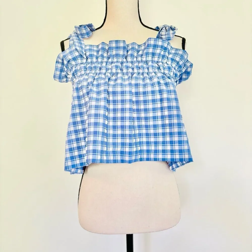 Ganni Murillo Seersucker Crop Top – Blue Plaid Gingham Swimwear, Size M